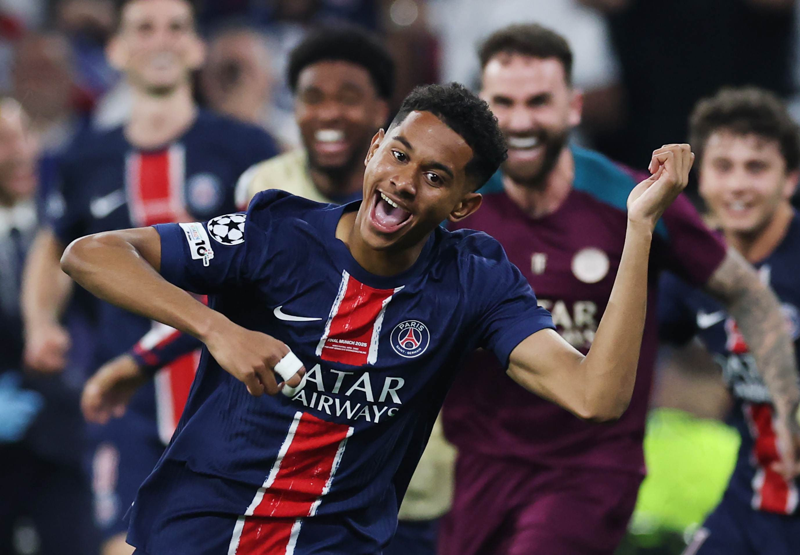 Senny Mayulu celebrates after scoring Paris Saint-Germain's fifth goal against Inter in the Champions League final in May 2025.