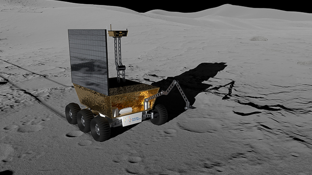 An artist&#039;s illustration of a moon rover with gold wrapping and a set of 6 wheels on the lunar surface.