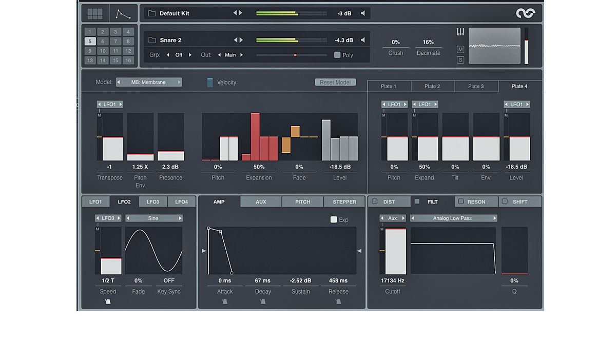 The Model editor gives the user access to the inner workings of DrumSpillage 2's dozen synthesisers