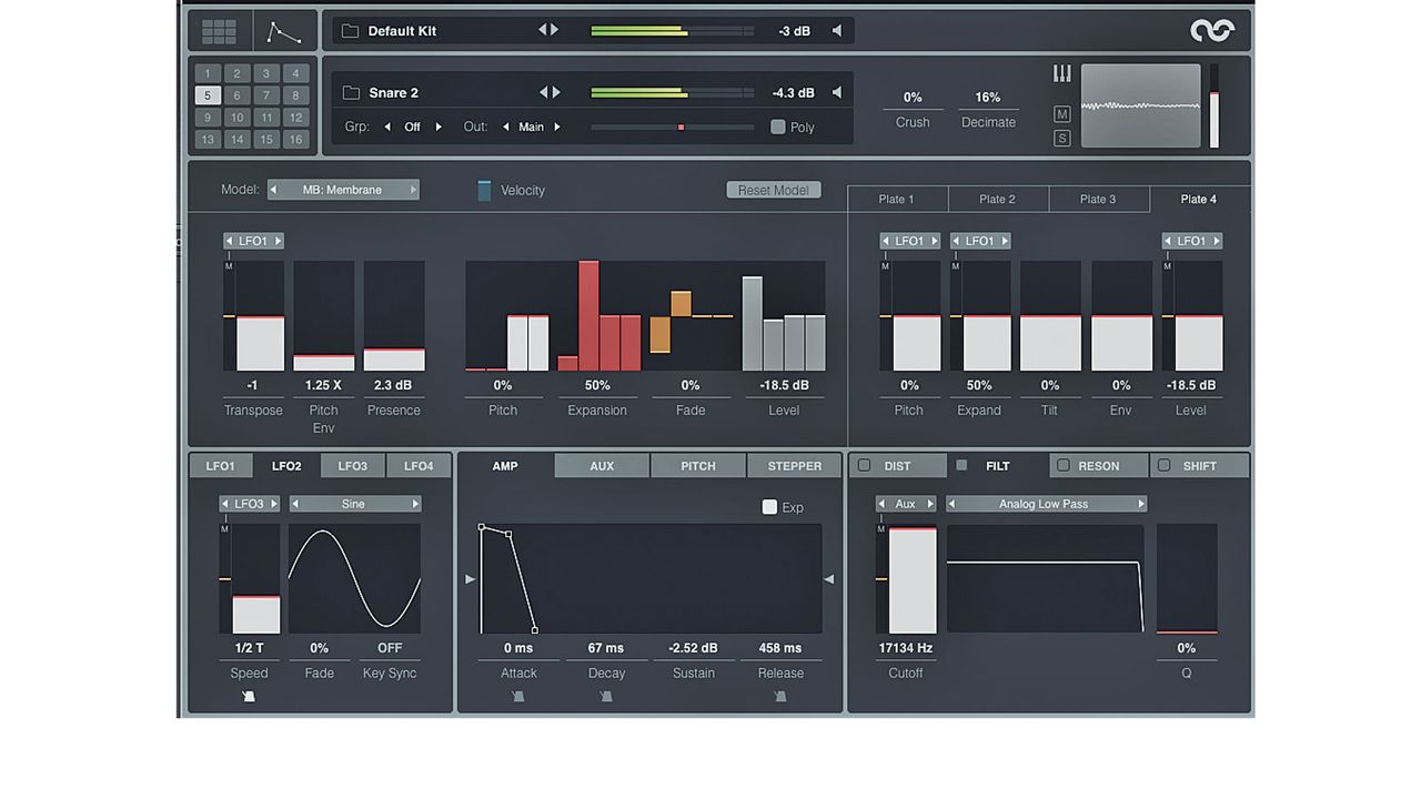The Model editor gives the user access to the inner workings of DrumSpillage 2's dozen synthesisers