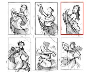 Nine thumbnails show characters with fabric in different poses