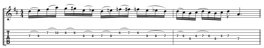 Example 4 - Resolving outside ideas: This lick starts really outside but finishes off with a strong D major scale idea so that everything resolves.