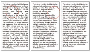 The justified paragraph (left) shows large gaps between words, while the non-hyphenated paragraph (middle) has a rough right margin