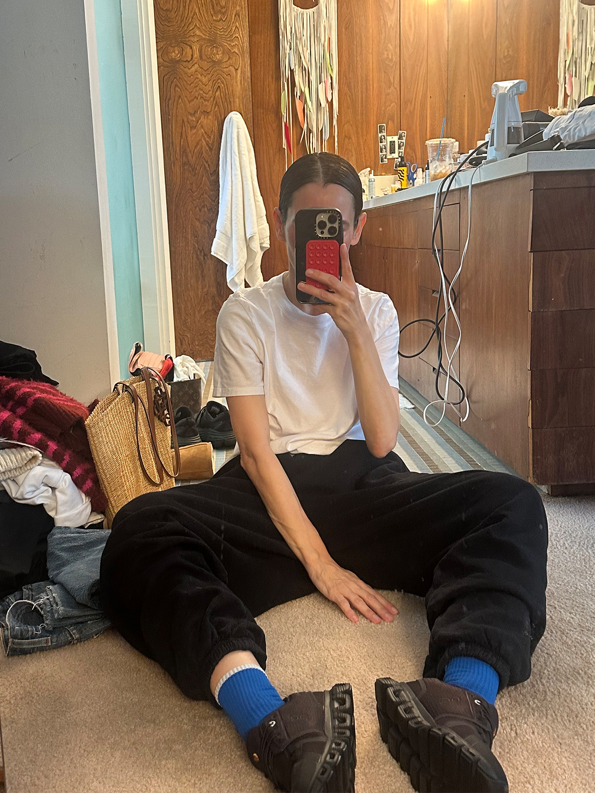 Karla Welch wearing her favorite comfortable outfit post-travels.