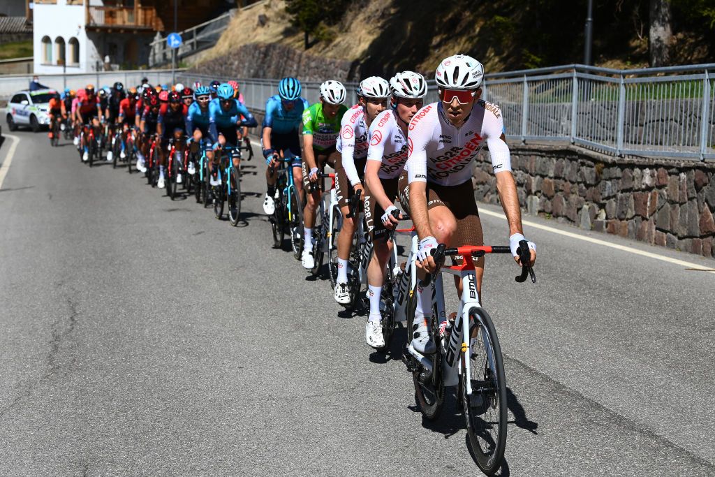 BOLZANO LANA ITALY APRIL 19 Clement Berthet of France and AG2R Citroen Team leads the peloton during the 45th Tour of the Alps 2022 Stage 2 a 1541km stage from PrimieroS Martino di Castrozza to Lana TouroftheAlps on April 19 2022 in Bolzano Lana Italy Photo by Tim de WaeleGetty Images