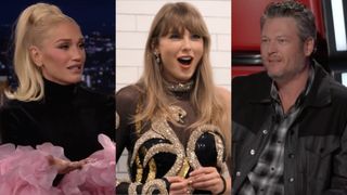 From left to right: Gwen Stefani on The Tonight Show, Taylor Swift and The End of an Era and Blake Shelton on The Voice.
