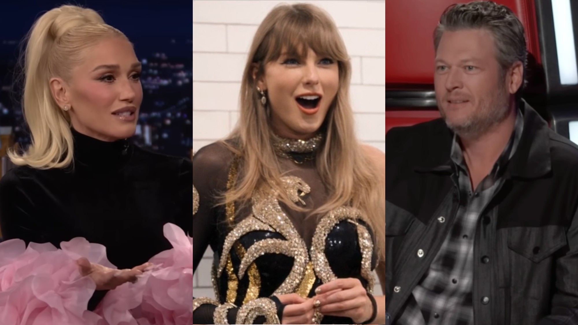 From left to right: Gwen Stefani on The Tonight Show, Taylor Swift and The End of an Era and Blake Shelton on The Voice.