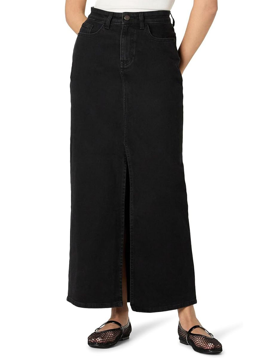 The Drop, The Drop Women’s Rylie Maxi Denim Skirt With Front Slit, Black, M