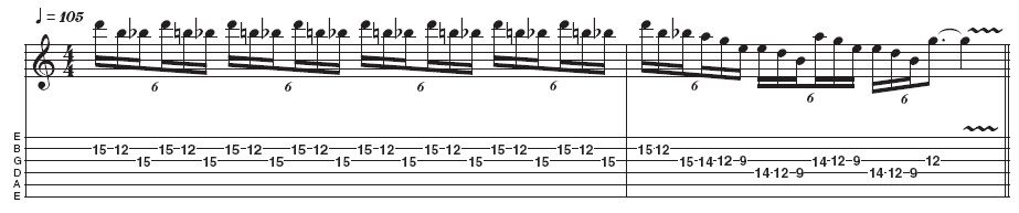 Example 4: Three-note-per-string metal blues lick. By using the blues scale within a metal framework (ie, using a speedy repetitive lick that works the 'blue' note rather than simply treating it as a passing note), Kirk can add a lot of exciting tension to his soloing. Spend some time mastering the slightly awkward three-note-per-string fingering and position shifts in the last bar.