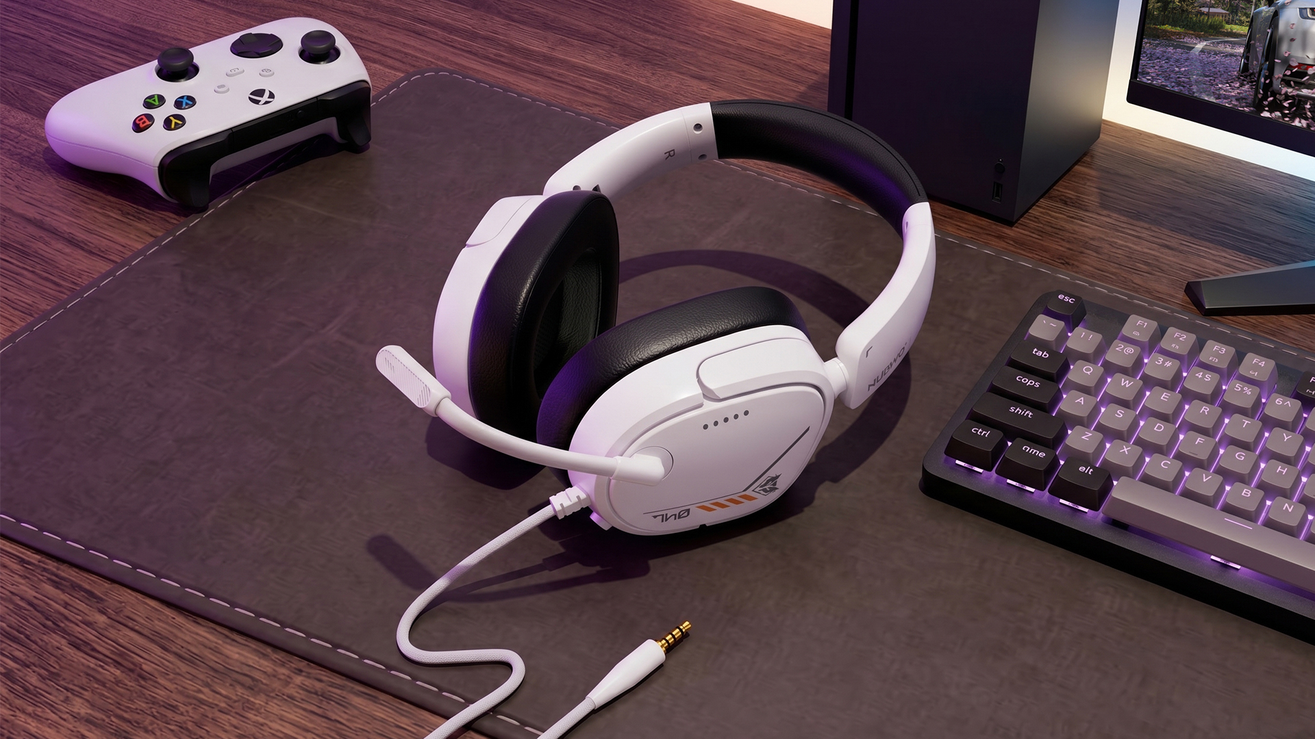 NUBWO HG04L gaming headset on a desktop between an xbox controller and a keyboard
