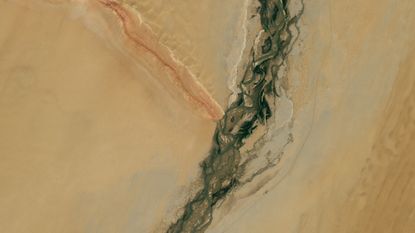 A satellite photo of a massive Y-shape int he desert made of a river and mountain ridge