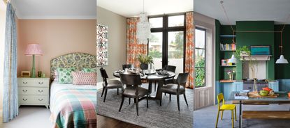 What color should I paint my walls if my floor is gray? Pink bedroom with colorful bedding, bedside table, lamp. Gray dining room with black furniture, colorful curtains and artwork. Green and blue kitchen with dining table, gray floor.