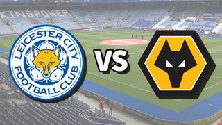 The Leicester City and Wolverhampton Wanderers club badges on top of a photo of The King Power Stadium in Leicester, England