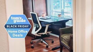 Branch Ergonomic Chair pushed in at a desk next to a window with a Tom's Guide Black Friday deals badge