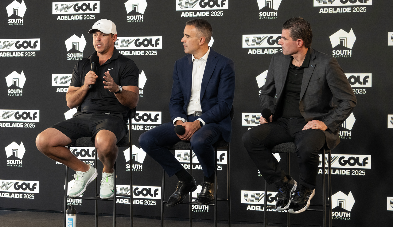 Brooks Koepka talks during a LIV Golf Adelaide press conference