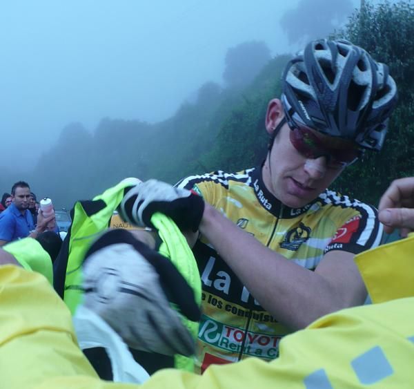 Race leader Ben Sonntag dons an extra layer while at the top of the climb.