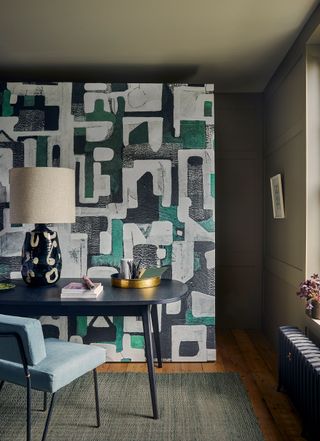 Home office with abstract wallpaper