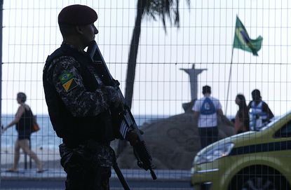 A Brazilian National Force soldier at Copacabana Beach.