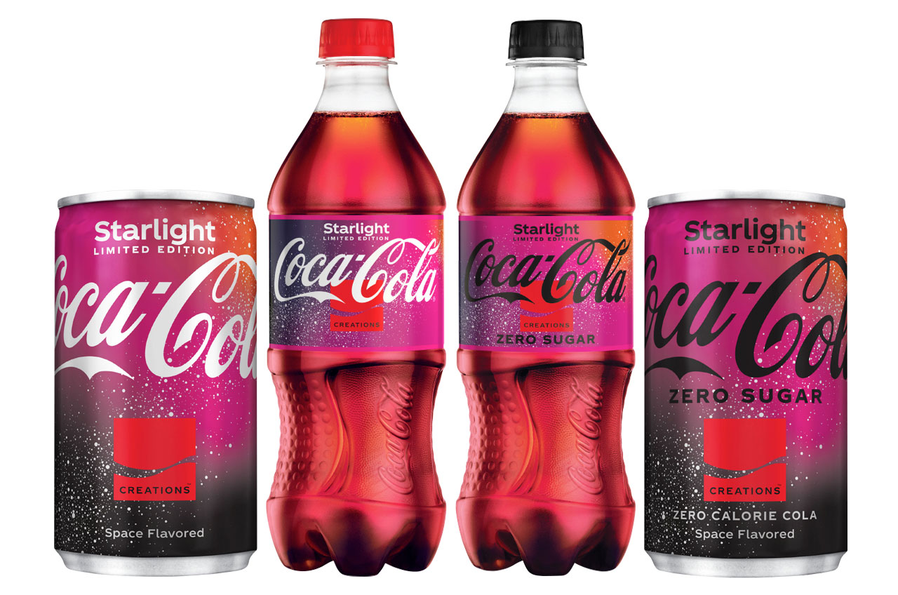 Coca-Cola Starlight is available in individual 20-ounce bottles and 10 packs of 7.5-ounce cans - both Original Taste and Zero Sugar options.