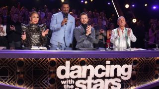 From left to right: Carrie Ann Inaba, Alfonso Ribeiro, Derek Hough, and Bruno Tonioli on DWTS Season 32's Semi-Finals.