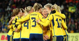 Sweden Women's World Cup 2023 squad: Rebecka Blomqvist of Sweden celebrates with teammates after scoring her team's first goal during the FIFA Women's World Cup Australia & New Zealand 2023 Group G match between Argentina and Sweden at Waikato Stadium on August 02, 2023 in Hamilton, New Zealand.