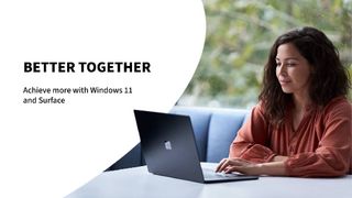 woman on a laptop on right hand side of image and on the left hand side is a white background with black text that says Better together