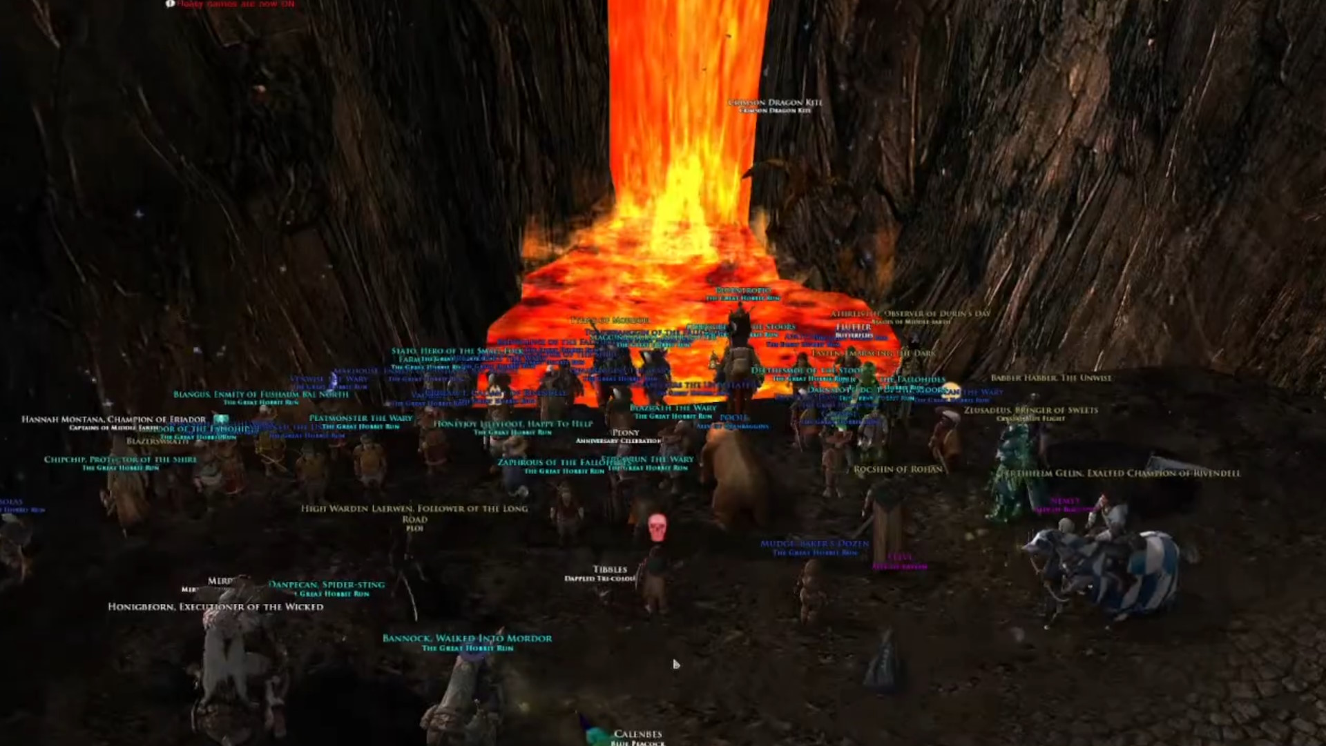 Lord of the Rings Online 'Great Hobbit Run' standing before the fires of Mount Doom