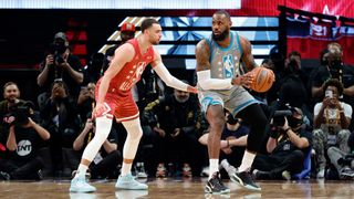 Zach LaVine #8 of Team Durant guards LeBron James #6 of Team LeBron during the 2022 NBA All-Star Game at Rocket Mortgage Fieldhouse on February 20, 2022 in Cleveland, Ohio.