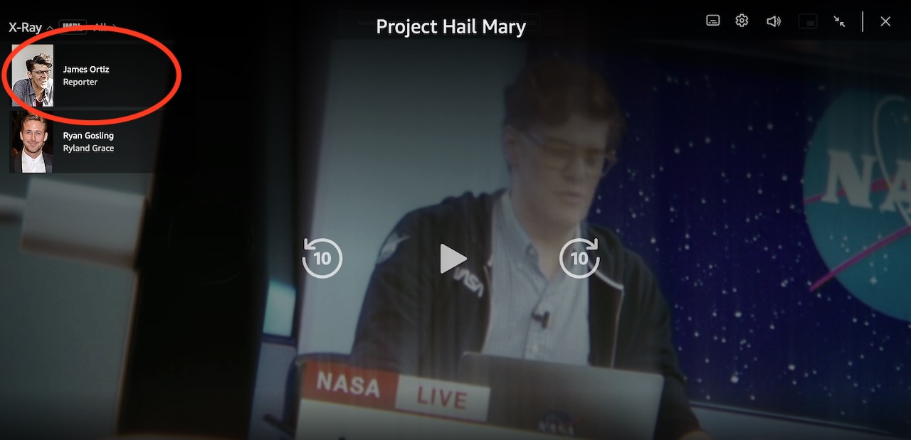 Screenshot of Project Hail Mary on Amazon showing James Ortiz credited in X-Ray mode.