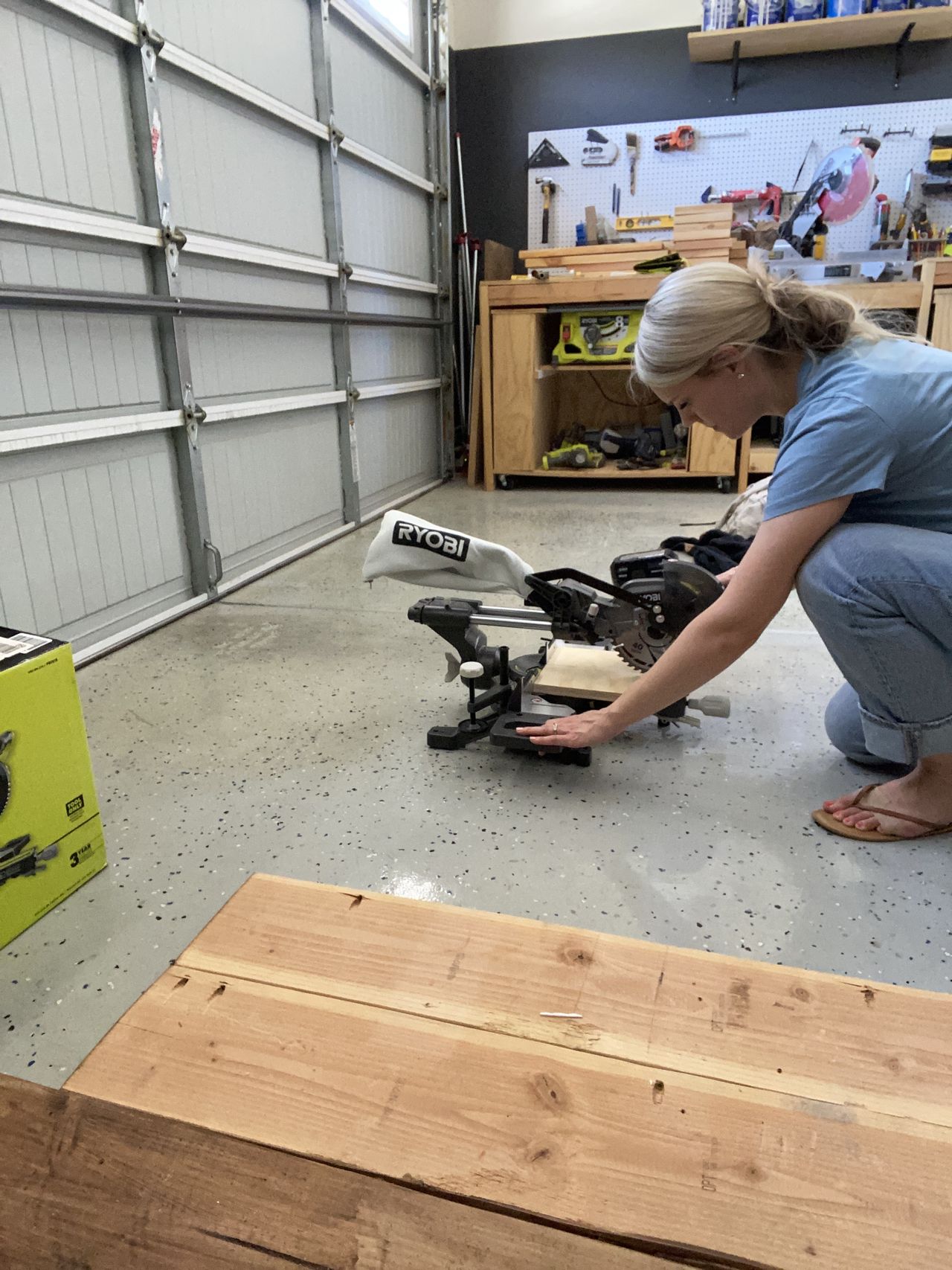 Brooke using the Ryobi mitre saw