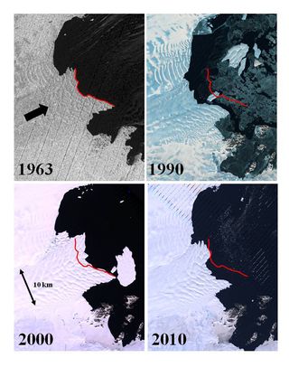 These panels show satellite imagery of Vanderford Glacier, Wilkes Land, East Antarctica.