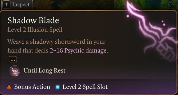 Shadow Blade tooltip in Baldur's Gate 3 showing its 2-16 psychic damage
