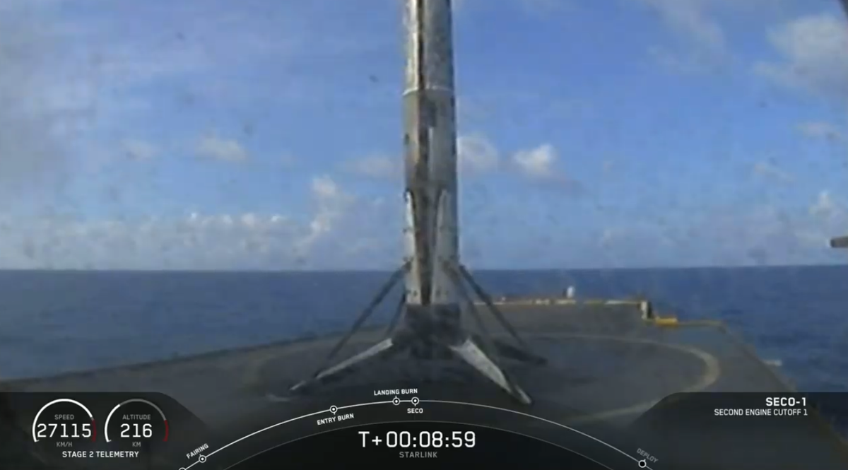 The first-stage booster of a Falcon 9 rocket seen on a drone ship on Sept. 3, 2020.