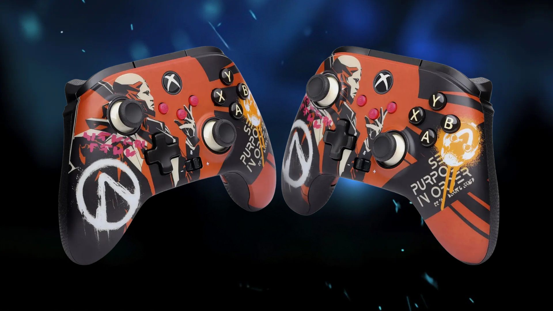 Two PowerA Borderlands 4 controllers facing one another on top of a Borderlands 4 banner image