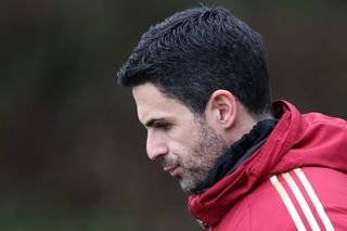 Arsenal manager Mikel Arteta arrives for a training session on the eve of the UEFA Champions League round of 16 second leg football match against FC Porto, at the Arsenal Training centre, in Shenley, in Hertfordshire, England, on March 11, 2024.
