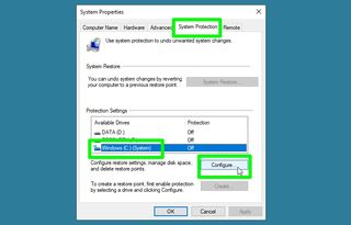 how to use system restore in Windows 10 - configure