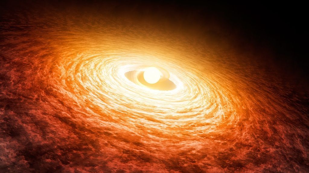 a bright yellow star swirling in the center of a massive gaseous disk orbiting around.