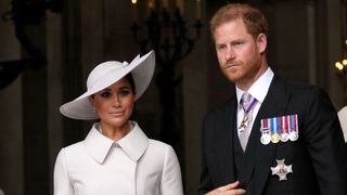 Prince Harry and Meghan Markle, Duke and Duchess of Sussex leave after a service of thanksgiving for the reign of Queen Elizabeth II at St Paul's Cathedral in London, Friday, June 3, 2022