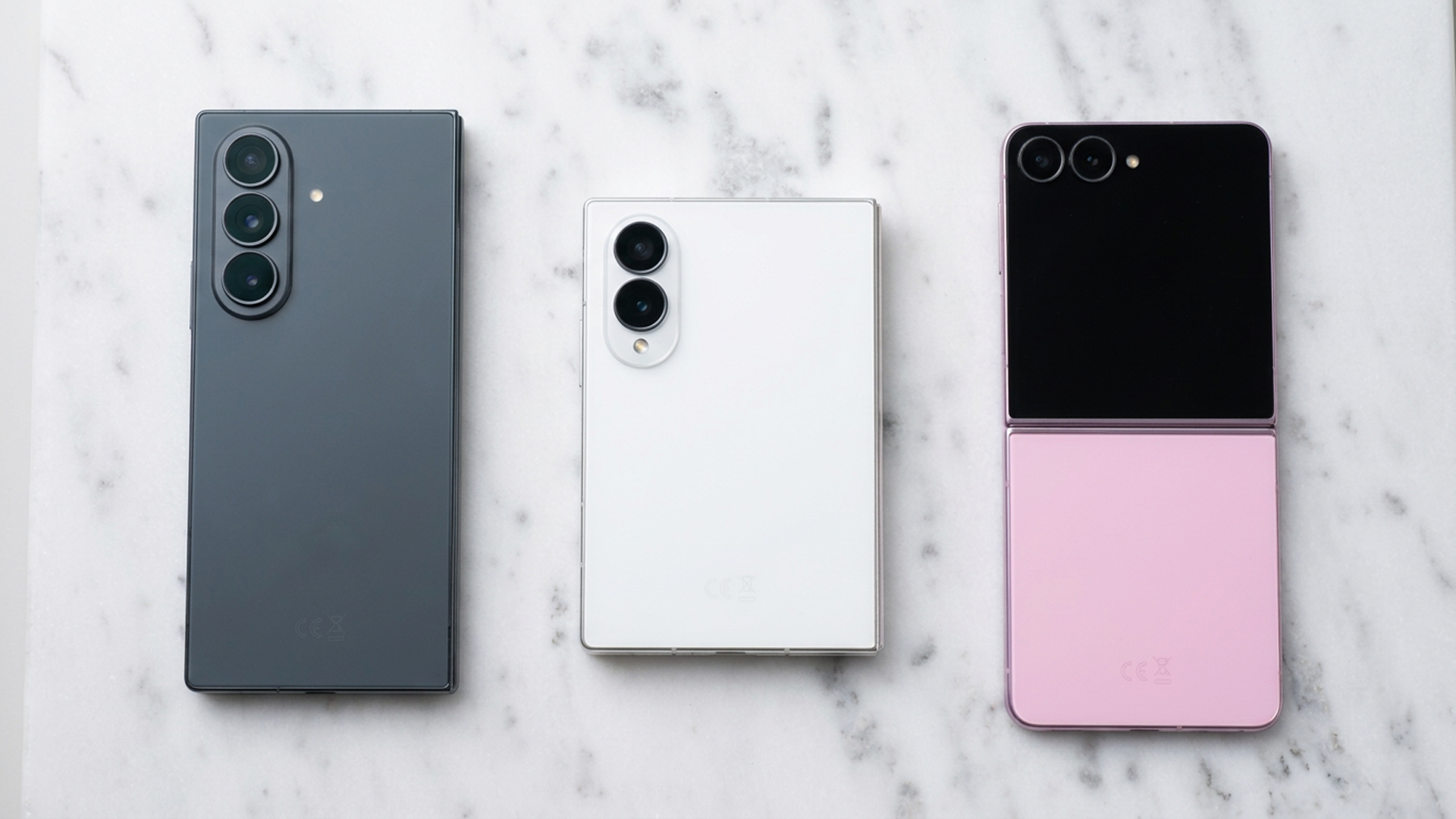 Samsung's 2026 foldable phones lineup on top of a marbled table