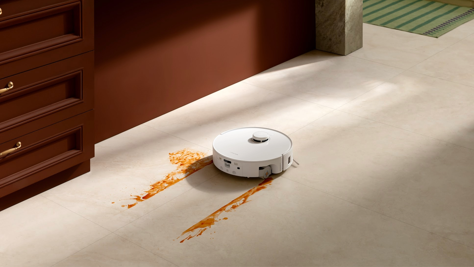 The Roborock Qrevo Curv 2 Flow cleaning a messy carpet.