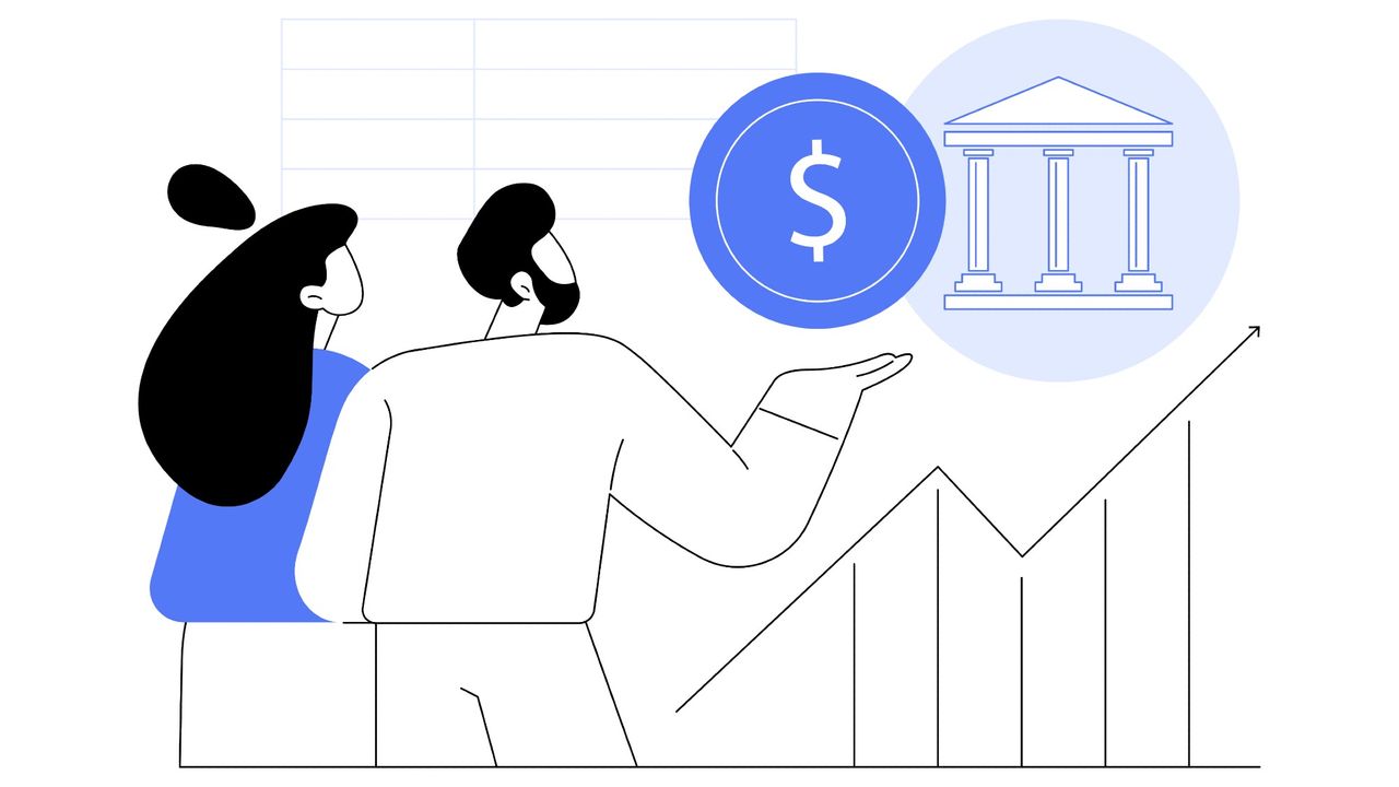 Graphic concept illustration of a couple putting their money in a bank