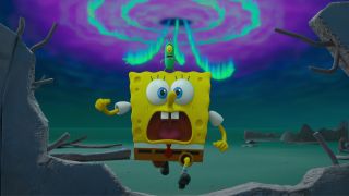 SpongeBob and Plankton running from Karen in Plankton: The Movie.