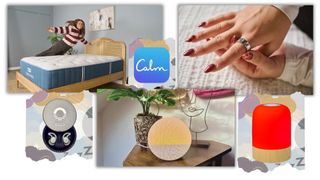 A scrapbook theme collage of sleep product including Bear mattress, Calm Sleep app, Ozlo Sleepbuds, a sunrise alarm clock, Oura Ring and red light lamp 