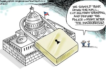 Political Cartoon U.S. Biden presidency wall military defund police