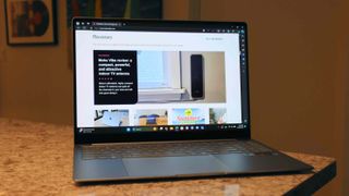 An open Samsung Galaxy Book4 Edge resting on a countertop