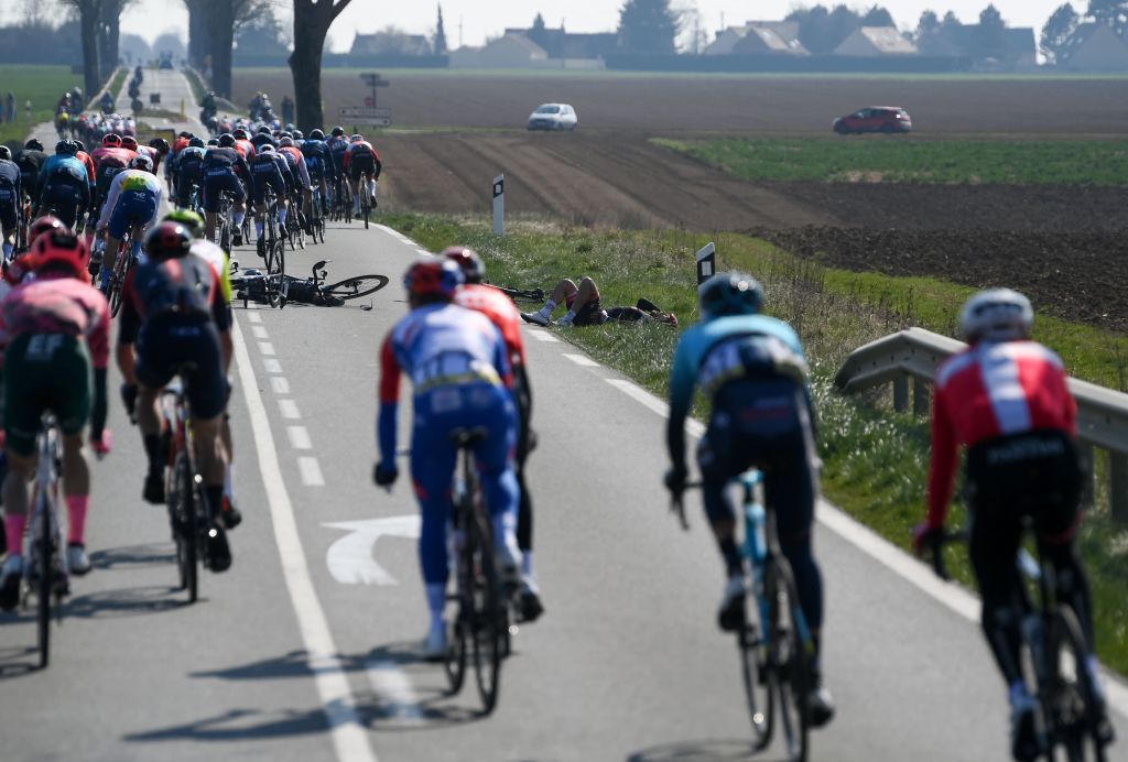 UAE Team Emirates Italian rider Matteo Trentin DOWN reacts after a fall during the 2nd stage of the 80th edition of the Paris Nice cycling race 1595 km between Auffargis and Orleans on March 7 2022 Photo by FRANCK FIFE AFP Photo by FRANCK FIFEAFP via Getty Images