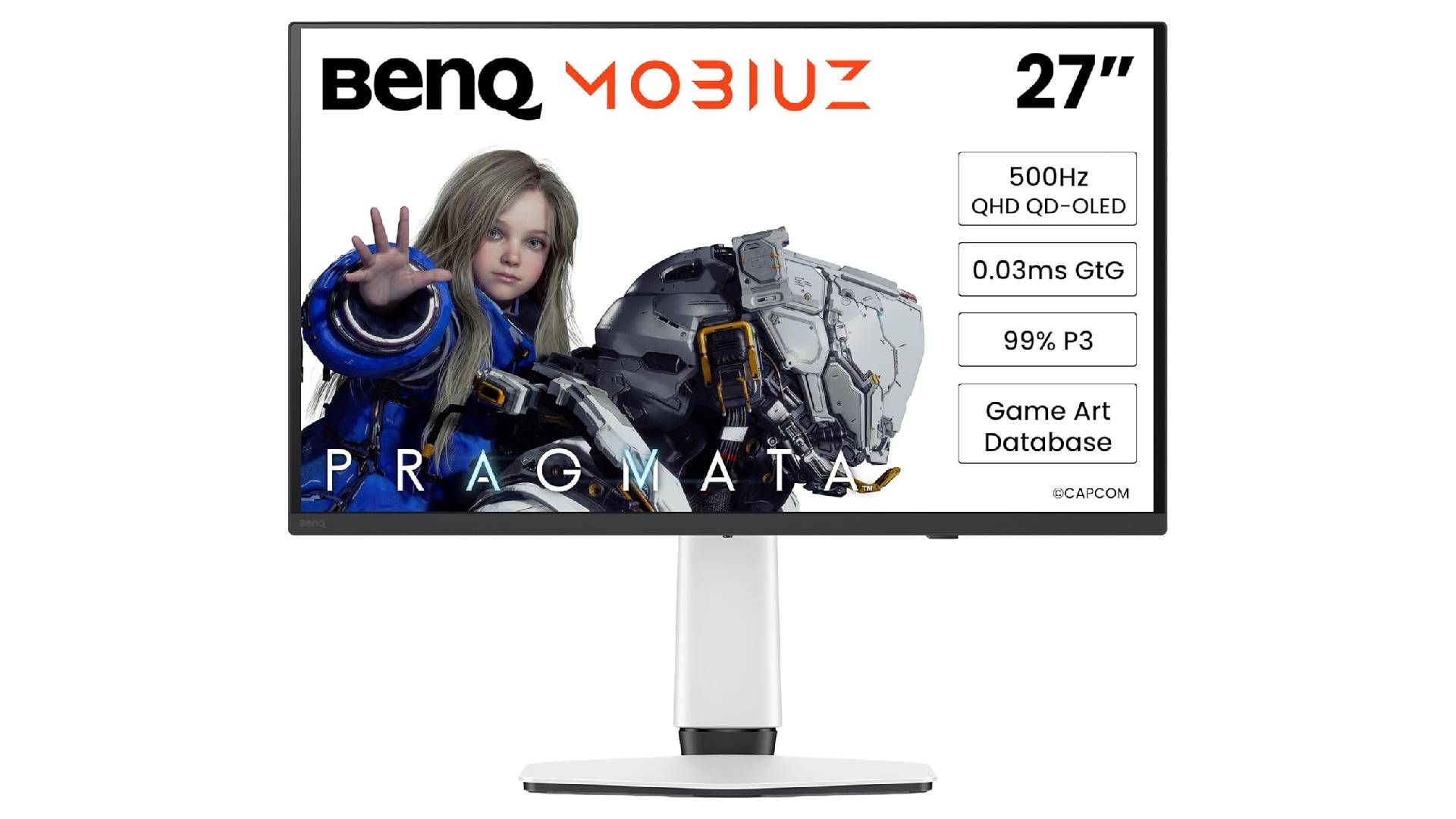 BenQ Mobiuz EX271QZ monitor with Pragmata promotional artwork on screen.