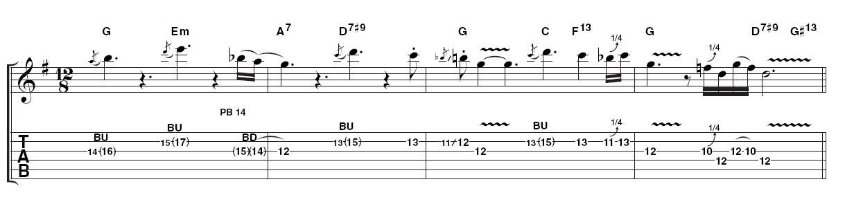 Example 3: right note at the right time. Over the second half of the progression, you're looking at playing not much more than one carefully chosen note over each chord change. Although this may seem easy, it actually takes a lot of confidence to play this way. So close your eyes and don't rush!
