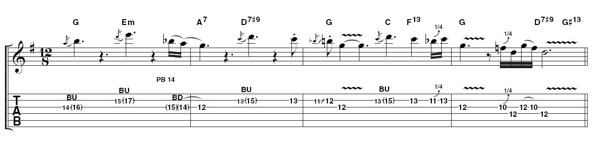 Example 3: right note at the right time. Over the second half of the progression, you're looking at playing not much more than one carefully chosen note over each chord change. Although this may seem easy, it actually takes a lot of confidence to play this way. So close your eyes and don't rush!