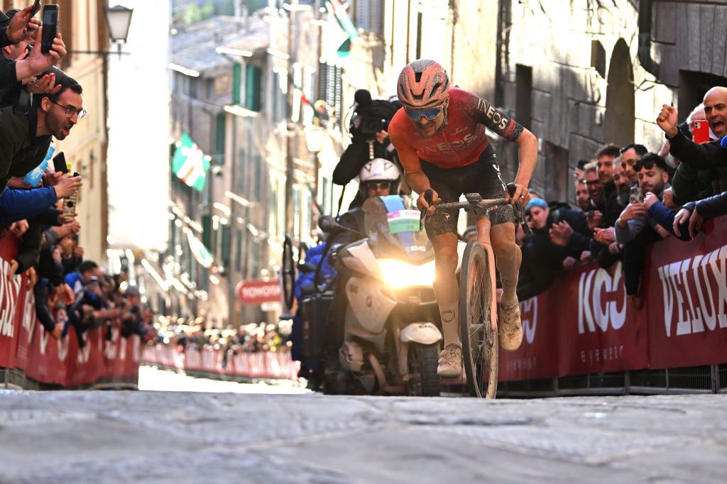 SIENA ITALY MARCH 02 Thomas Pidcock of The United Kingdom and Team INEOS Grenadiers competes during the 18th Strade Bianche 2024 Mens Elite a 215km one day race from Siena to Siena 320m UCIWT on March 02 2024 in Siena Italy Photo by Luc ClaessenGetty Images